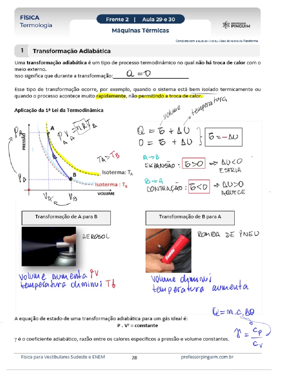 Página do material de teoria de Termologia (Máquinas Térmicas) com anotações do Professor Pinguim